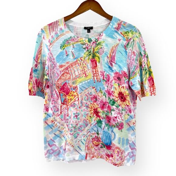Talbots Sweater Watercolor Painting Cotton Short Sleeve Crewneck Italy Floral MP - Picture 1 of 8